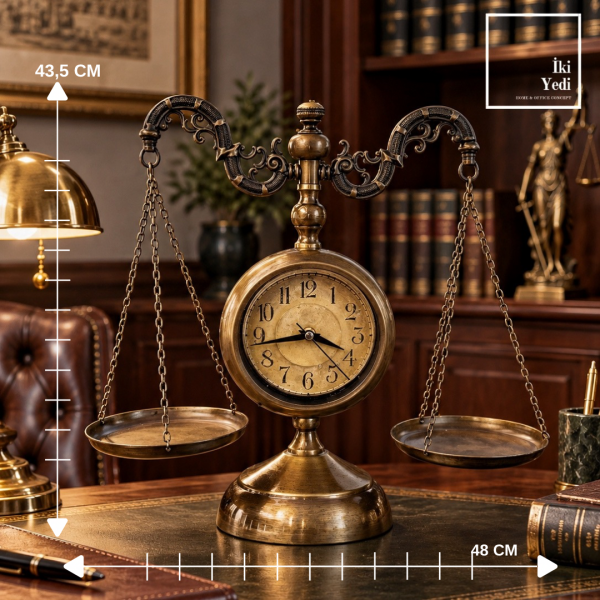 Justitia’nın Zaman Terazisi Adalet Terazisi Masa Saati Avukat ve Hukuk Bürosu Hediyesi (43,5x48 cm)