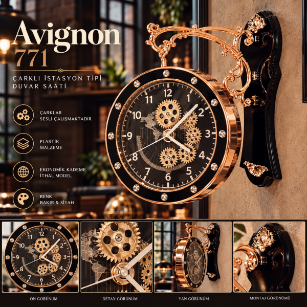 Avignon 771 Çarklı İstasyon Tipi Çift Taraflı Döner Yan Duvar Saati Bakır Siyah Modern Endüstriyel