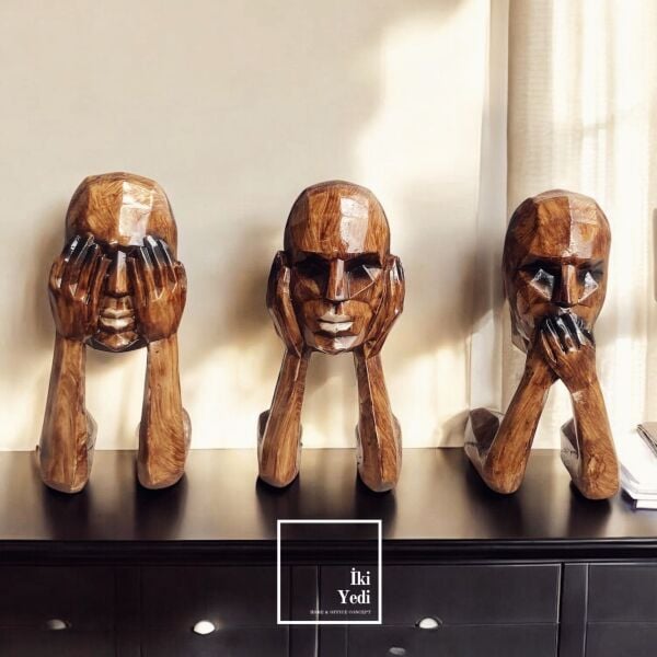 Görmedim Duymadım Bilmiyorum Ahşap Görünümlü 3’lü Düşünen Adam Heykeli Modern Ev ve Ofis Dekoru