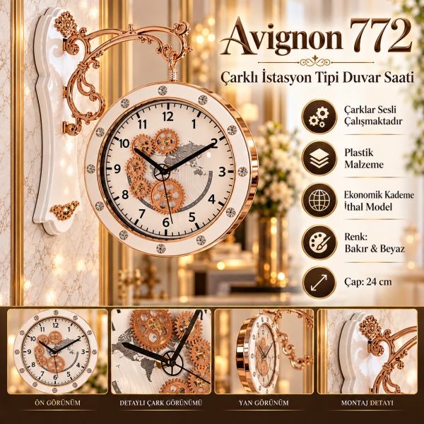 Avignon 772 Çarklı İstasyon Tipi Çift Taraflı Döner Yan Duvar Saati Bakır Beyaz Klasik Vintage Saat