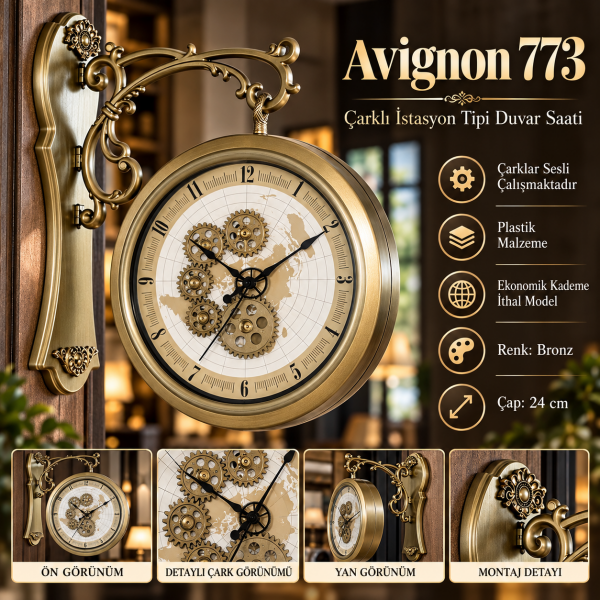 Avignon 773 Çarklı İstasyon Tipi Çift Taraflı Döner Yan Duvar Saati Antik Bronz Mat Ofis Salon Saat