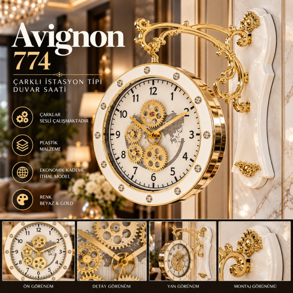 Avignon 774 Çarklı İstasyon Tipi Çift Taraflı Döner Yan Duvar Saati Beyaz Gold Neoklasik Dekor Saat