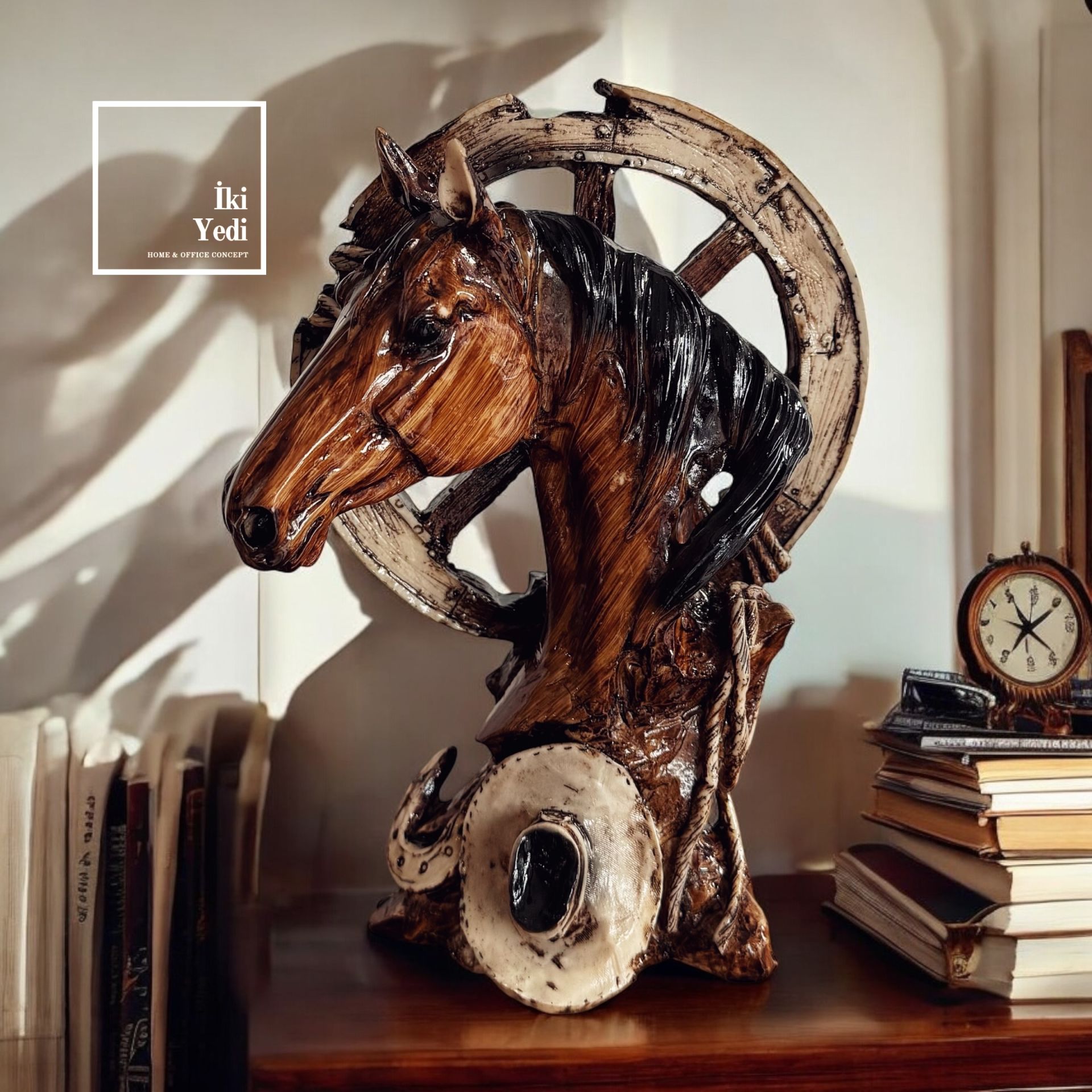 Dario At Biblosu At Arabası Tekerleği At Nalı ve Kovboy Şapkası Figürlü Dekoratif Obje Ev Dekor İş