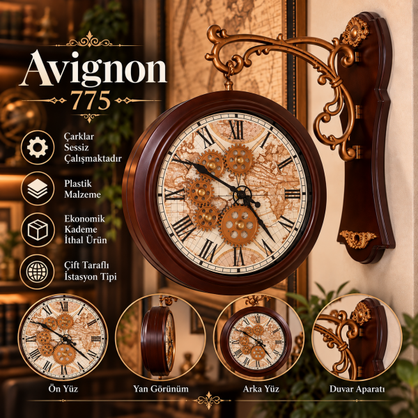 Avignon 775 Çarklı İstasyon Tipi Çift Taraflı Döner Yan Duvar Saati - Kahverengi Romen Rakamlı Saat