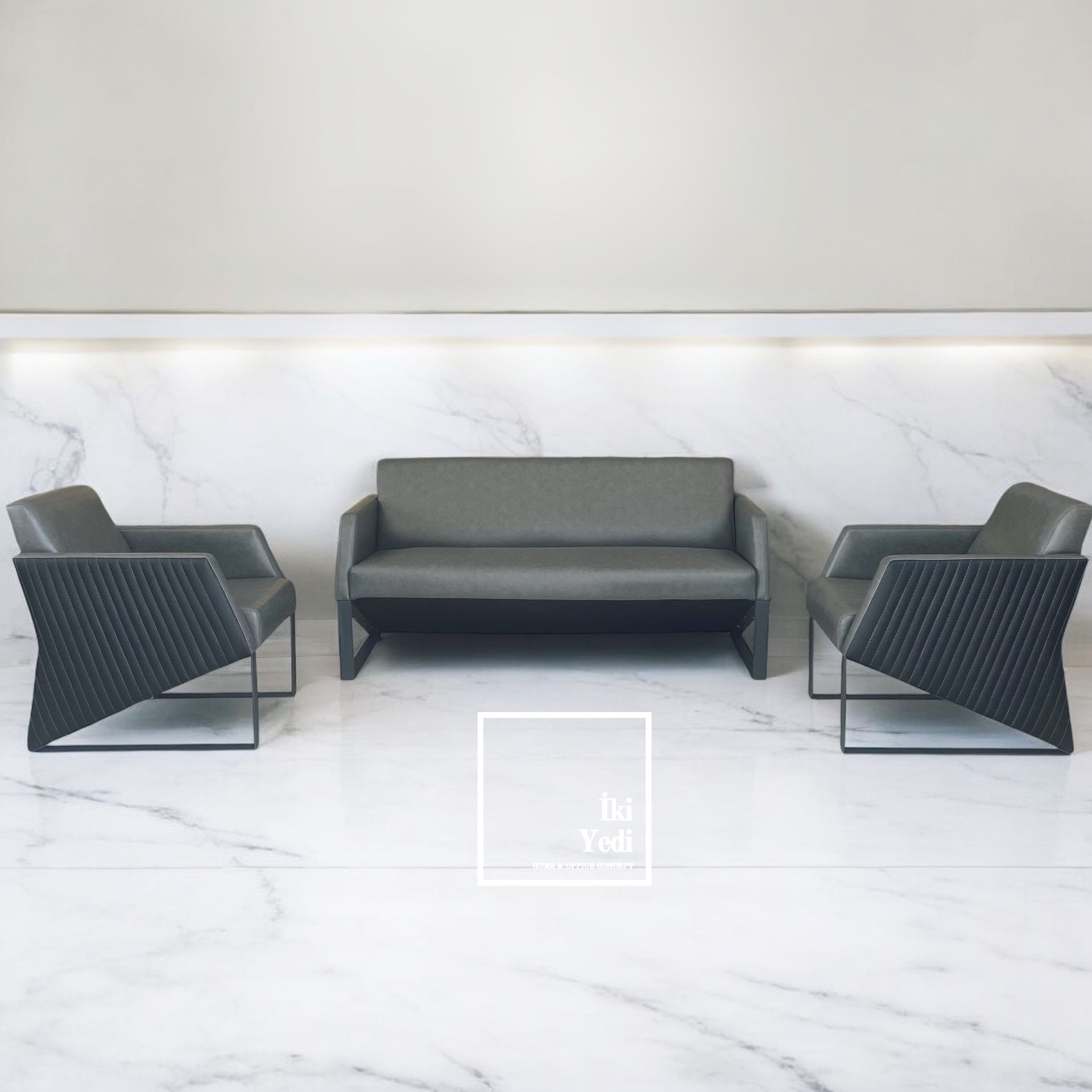 Patrice Metal Demir Ayak Kalın Deri Ofis Koltuk Takımı Büro Oturma Grubu Makam Odası Misafir Dinlenme Salonu Mobilya Önü