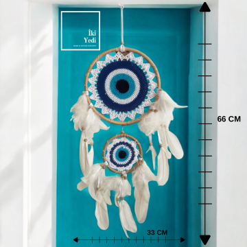 DreamCatcher77-2 El Yapımı Çift Halkalı Nazar Boncuklu Rüya Kapanı – 66x33 cm Dekoratif Tüylü Duvar Süsü Düş Kapanı