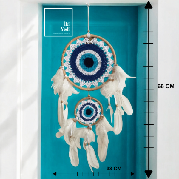 DreamCatcher77-2 El Yapımı Çift Halkalı Nazar Boncuklu Rüya Kapanı – 66x33 cm Dekoratif Tüylü Duvar Süsü Düş Kapanı