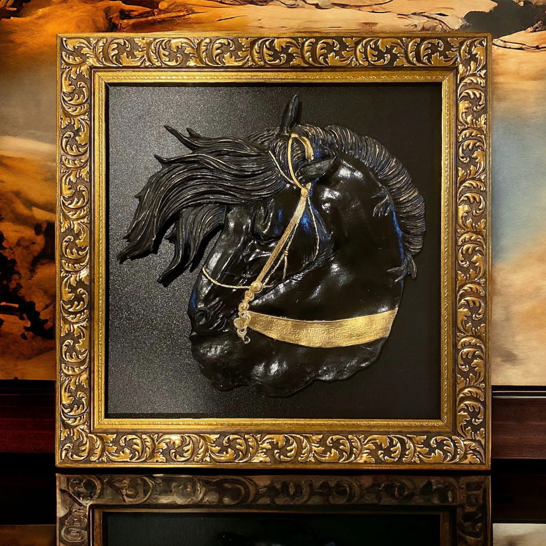 Noirchev Gold Çerçeveli Siyah At Tablosu Kabartmalı Rölyef Tablo Modelleri Ev Duvar Dekorasyonu Ofis Hediyesi Asil Lüks Dekoratif Objeler