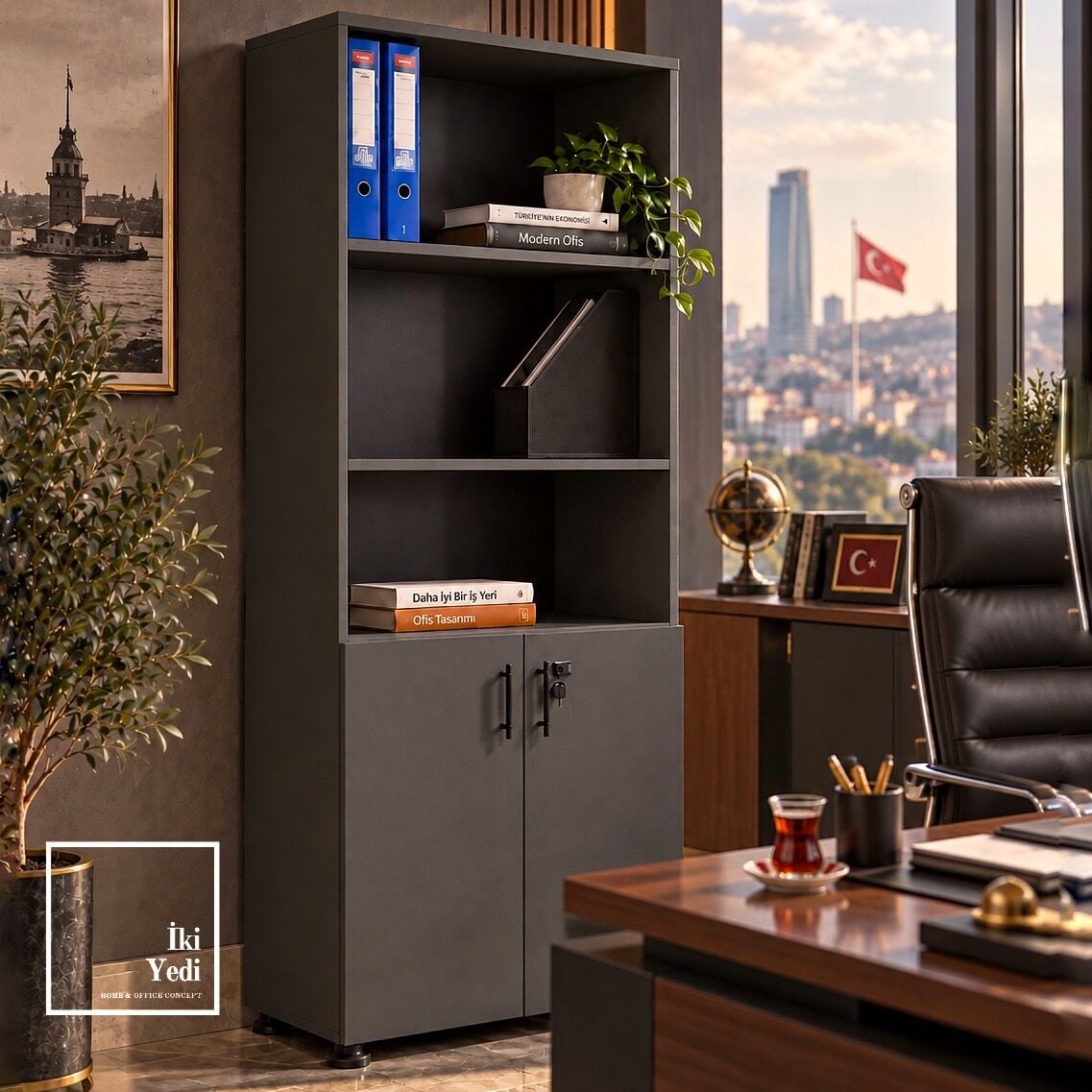 Rideau Antrasit Gri Kilitli Kapaklı Dosya Dolabı Klasörlük Kitaplık Ofis Arşiv Dolabı Evrak Dolap