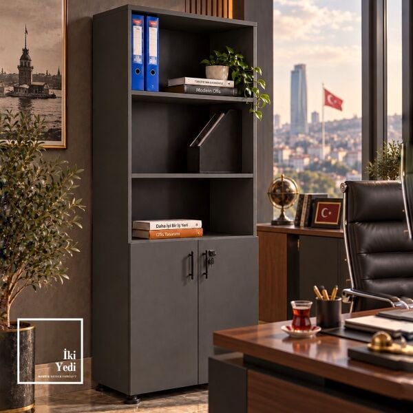 Rideau Antrasit Gri Kilitli Kapaklı Dosya Dolabı Klasörlük Kitaplık Ofis Arşiv Dolabı Evrak Dolap