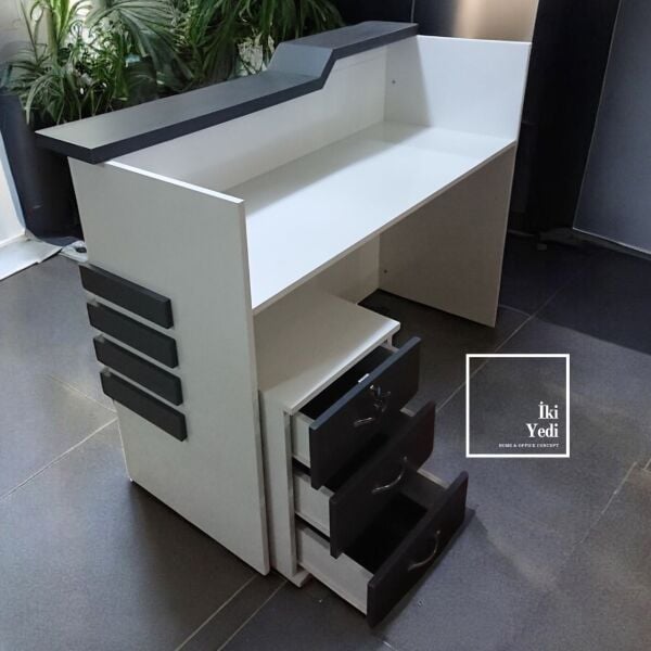 Prefet Beyaz Antrasit Gri Karşılama Bankosu Resepsiyon Masası Kasa Masası Desk 140 cm