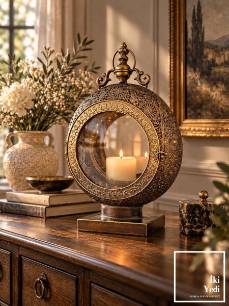 Rangela Antik Metal Fener Mumluk - Kutsal Işığın Modern Halesi | Lüks Salon & Dresuar Dekorasyonu