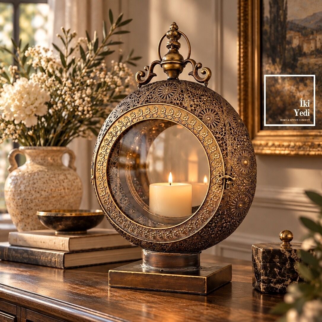 Rangela Antik Metal Fener Mumluk - Kutsal Işığın Modern Halesi | Lüks Salon & Dresuar Dekorasyonu