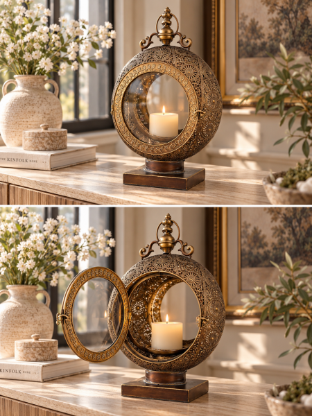 Rangela Antik Metal Fener Mumluk - Kutsal Işığın Modern Halesi | Lüks Salon & Dresuar Dekorasyonu
