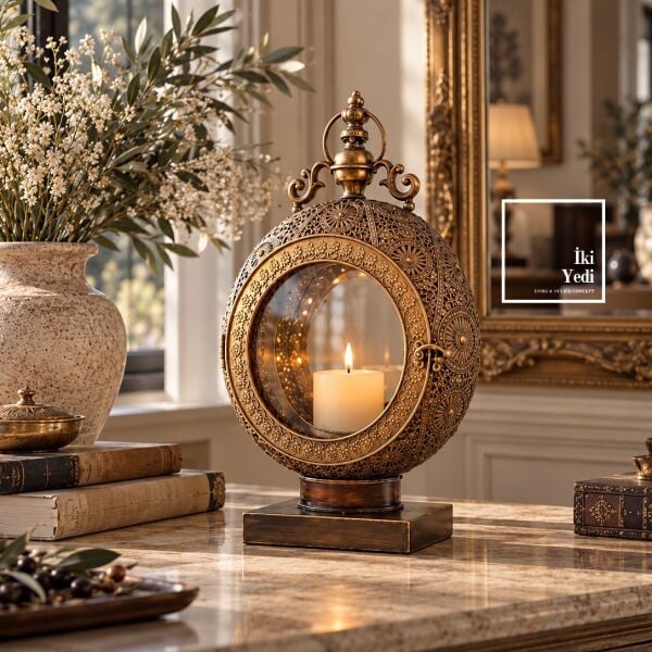 Rangela Antik Metal Fener Mumluk - Kutsal Işığın Modern Halesi | Lüks Salon & Dresuar Dekorasyonu
