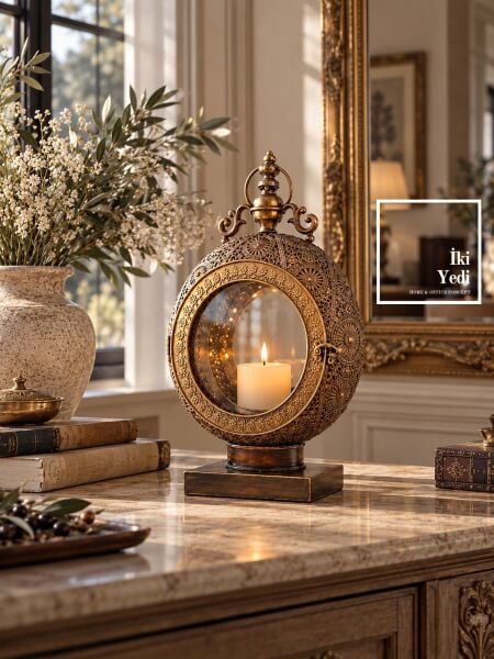 Rangela Antik Metal Fener Mumluk - Kutsal Işığın Modern Halesi | Lüks Salon & Dresuar Dekorasyonu