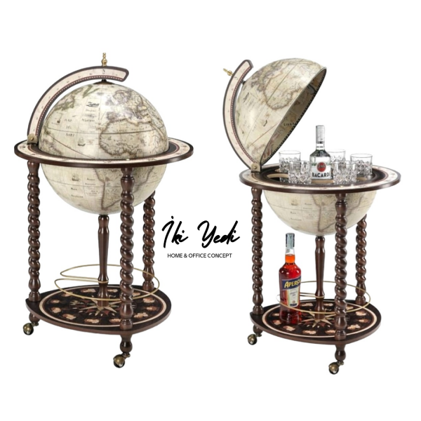 Da Vinci Beyaz Dünya Bar Küre Şaraplık İçki Servis Arabası Sunum World Globe Antika Tasarım Luxury