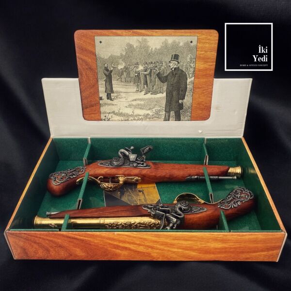 William 2’li Ahşap Kutulu Düello Tabancası Maketi, Dekoratif Tarihi Silah Seti Hediyelik Obje Lüks