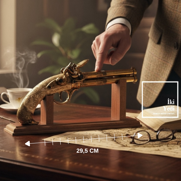 Bresson Kartal Başlı 2 Namlulu Tabanca Maketi, Dekoratif Çakmaklı Silah Objesi Ahşap Standlı Lüks