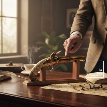 Bresson Kartal Başlı 2 Namlulu Tabanca Maketi, Dekoratif Çakmaklı Silah Objesi Ahşap Standlı Lüks