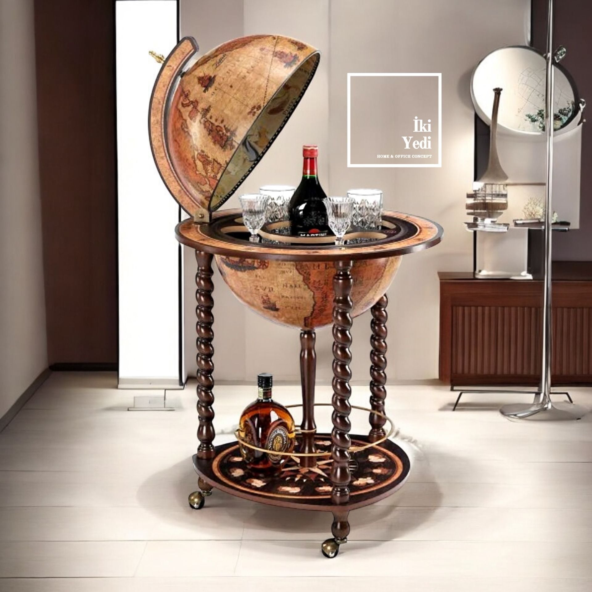 Jacques Antika Tasarım Dünya Bar Küresi, Kahverengi Şaraplık, Lüks İçki Servis Sunum Arabası