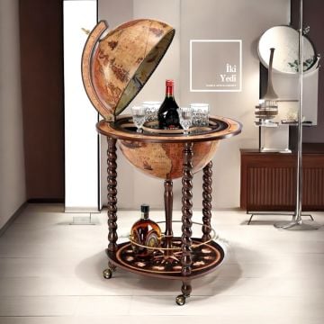Jacques Antika Tasarım Dünya Bar Küresi, Kahverengi Şaraplık, Lüks İçki Servis Sunum Arabası