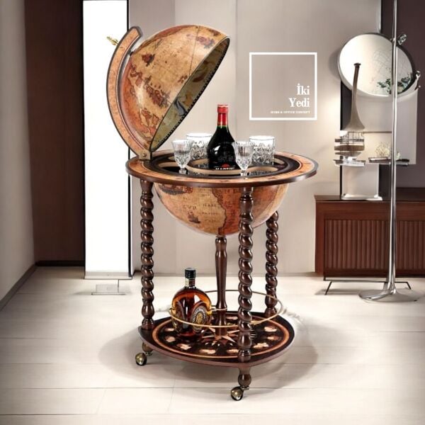 Jacques Antika Tasarım Dünya Bar Küresi, Kahverengi Şaraplık, Lüks İçki Servis Sunum Arabası