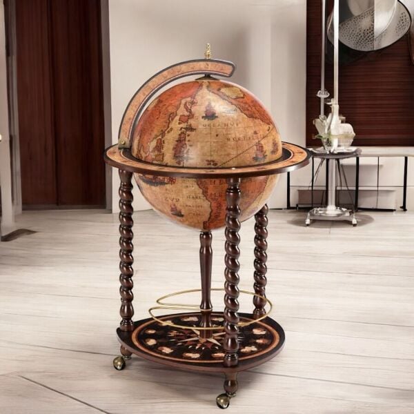 Jacques Antika Tasarım Dünya Bar Küresi, Kahverengi Şaraplık, Lüks İçki Servis Sunum Arabası