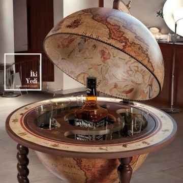 Jacques Antika Tasarım Dünya Bar Küresi, Kahverengi Şaraplık, Lüks İçki Servis Sunum Arabası