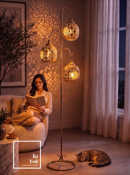 Karenina Bronz Eskitme Renk Ferforje Ayaklı Mumluk Fener 3'lü Mum Şamdan Ev Lobi Salon Dekorasyonu