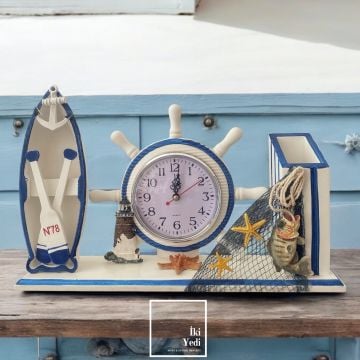 N78 Mavi Beyaz Ahşap Masa Saati & Kalemlik Seti – Denizcilik Temalı Dümenli Ofis Hediyesi