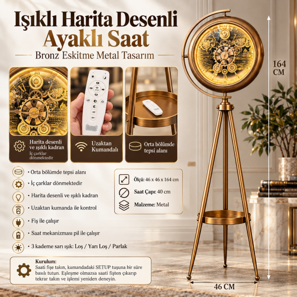 Schalke Işıklı Harita Desenli Ayaklı Salon Saati Bronz Eskitme Metal Tripod Lambader Saat Ofis Ev