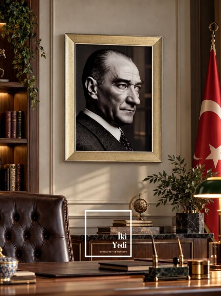 Atatürk Tablosu Altın Varak Çerçeveli Portre Büyük Boy Makam ve Salon Duvar Tablosu Cam Tablo Ofis