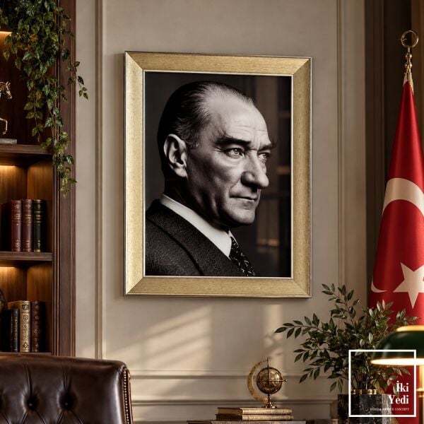 Atatürk Tablosu Altın Varak Çerçeveli Portre Büyük Boy Makam ve Salon Duvar Tablosu Cam Tablo Ofis