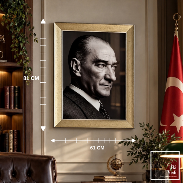 Atatürk Tablosu Altın Varak Çerçeveli Portre Büyük Boy Makam ve Salon Duvar Tablosu Cam Tablo Ofis