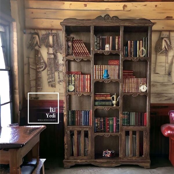 Jenair Masif Ağaç Kitaplık Ahşap Kütüphane El Oyması Oymalı Mobilya Antika Tasarım Ev Ofis Büro Çalışma Odası