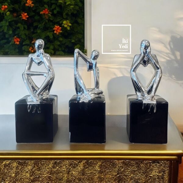 Blutti 77-1 Siyah Krom Gri Seramik Dekor Seti 3'lü Düşünen Adamlar Obje Takımı Ev Ofis Hediyesi