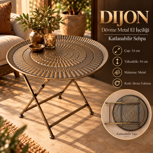 Dijon Küçük Boy Katlanabilir Metal Yan Sehpa Bronz Eskitme Renk Balkon Berjer Yanı Sehpa Antik Stil