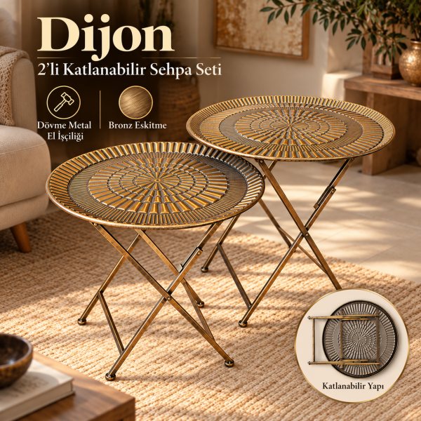Dijon 2'li Katlanabilir Sehpa Seti Bronz Eskitme Metal Dövme El İşçiliği Zigon Yan Sehpa Antik Stil