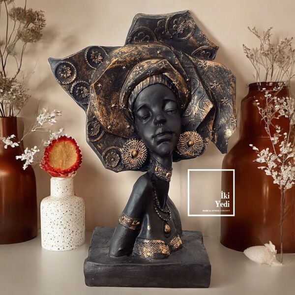 Samara 77-1 Afrika Kadın Büstü Dekoratif Heykel Etnik Büst Obje Modern Tasarım Ev ve Ofis Dekoru
