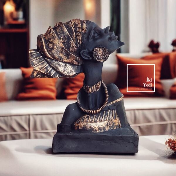 Samara 77-2 Afrika Kadın Büstü Modern Etnik Heykel Siyah Altın Dekoratif Büst Ev Ofis Hediye Dekor