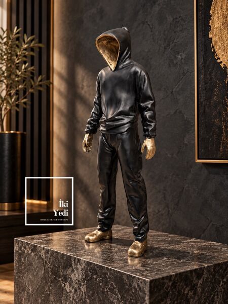 Tobby 771 Ayakta Büyük Boy Siyah Gold Kapüşonlu Erkek Biblo Modern Salon Masa Objesi Ofis Hediyesi