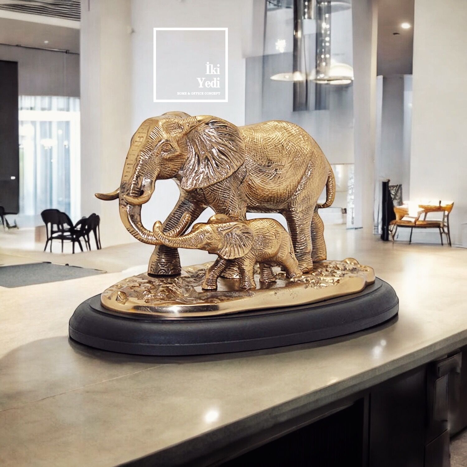 Mawissa Altın Renkli Pirinç Fil Biblo Seti – Anne ve Yavru Fil Heykeli Ev Ofis Bereket Dekoru