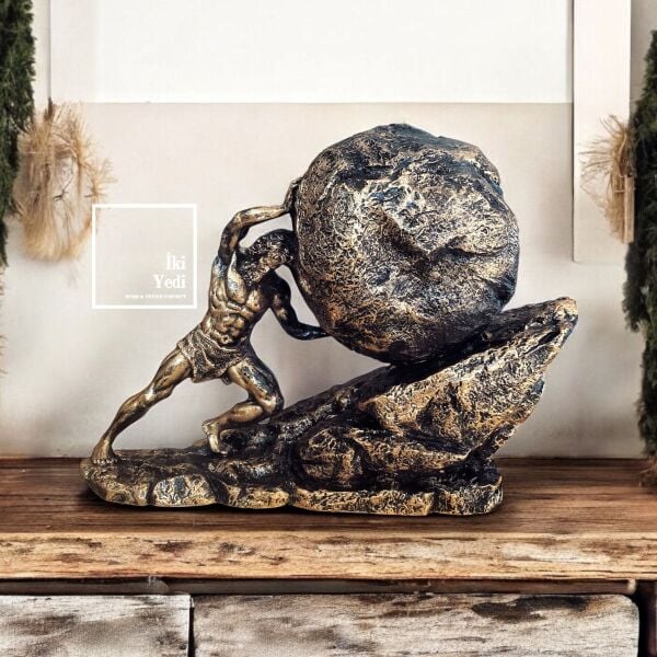 Sisifos Heykeli Mitolojik Figür Biblo Dekoratif Masa Üstü Obje Bronz Renk Heykel Ev Ofis Aksesuarı