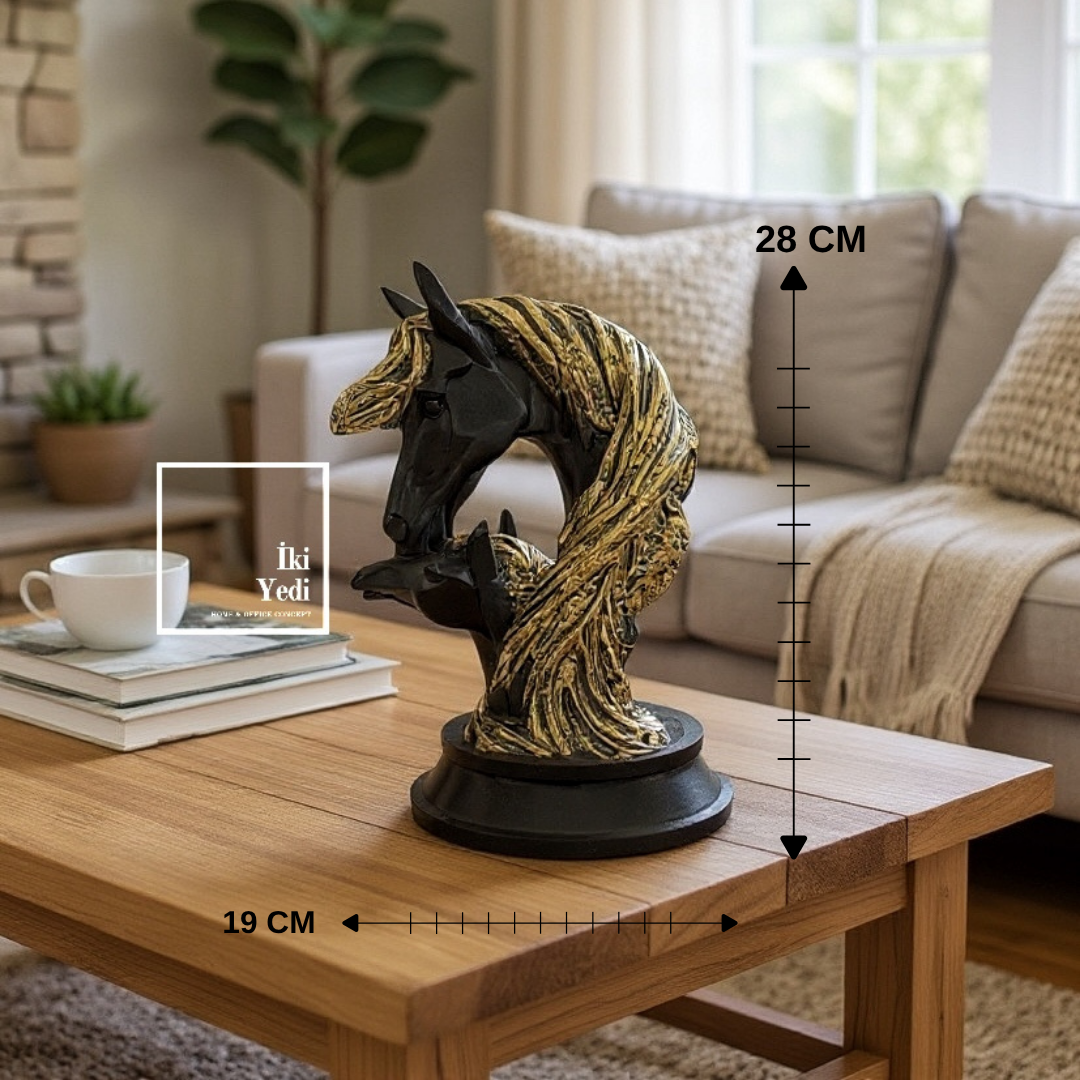 Audran Yavrulu At Anne Tay Figürü At Heykeli Biblo Siyah Altın Renk Dekoratif Obje Ev Ofis Aksesuar