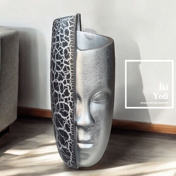 Greyro 60 cm İnsan Yüzü Figürlü Dekoratif Vazo, Modern Gri Heykel Saksı, Sanatsal Ev/Ofis Aksesuarı