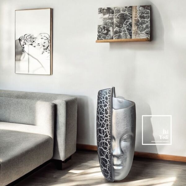 Greyro 60 cm İnsan Yüzü Figürlü Dekoratif Vazo, Modern Gri Heykel Saksı, Sanatsal Ev/Ofis Aksesuarı