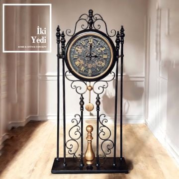 Venedik 125 cm Metal Döner Çarklı Siyah Bronz Ayaklı Saat Lüks Dekoratif Objeler Ofis Hediyesi Antika Tasarımlar
