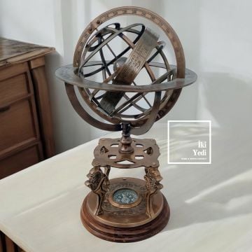 Phaselis Pirinç Eskitme Horoskop Küre, Ahşap Kaideli Antika Obje, Lüks Ofis Hediyesi