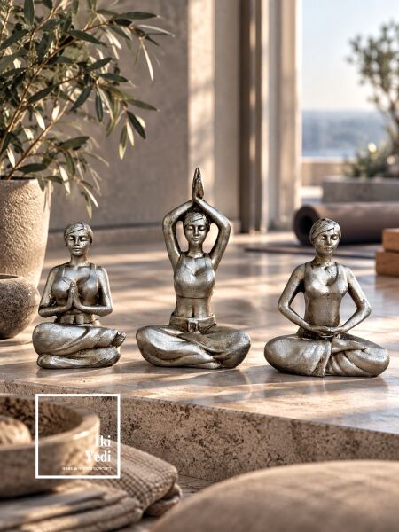 Holce Yoga Yapan Kadınlar 3'lü Biblo Seti Gri Eskitme Meditasyon Objesi Modern Salon Aksesuarı
